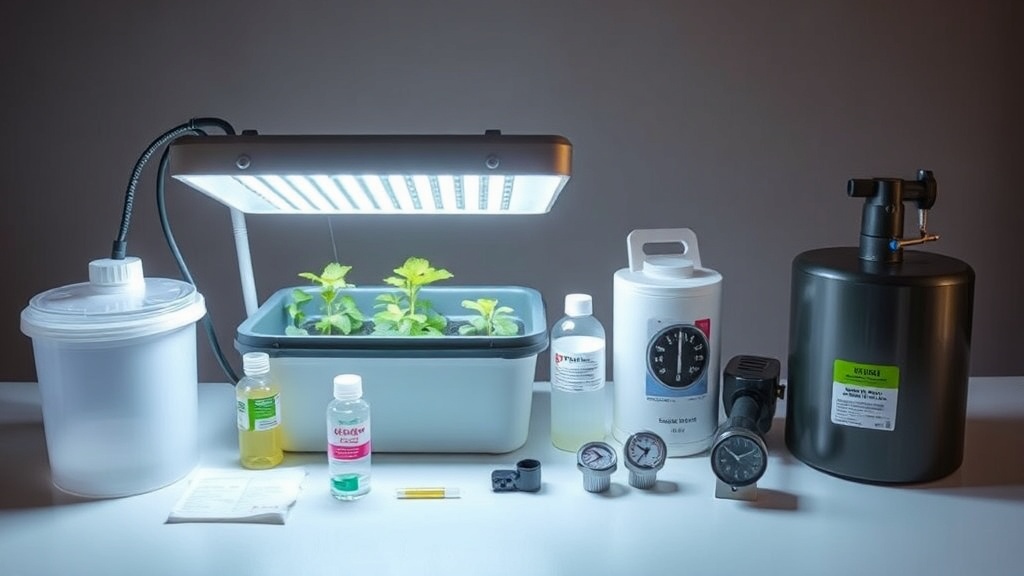 Beginner hydroponic equipment and supplies arranged on a table, including a small hydroponic system, LED grow light, nutrients, pH kit, pumps, timers, and growing medium.