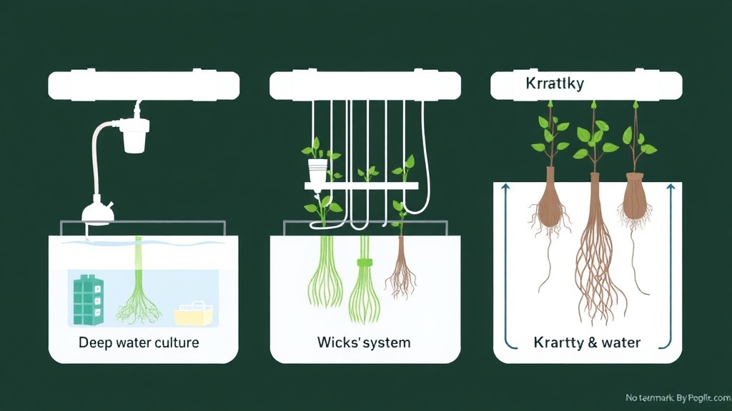 Comparison of three beginner hydroponic systems: Deep Water Culture, Wick System, and Kratky Method, each shown in a simple tabletop setup.