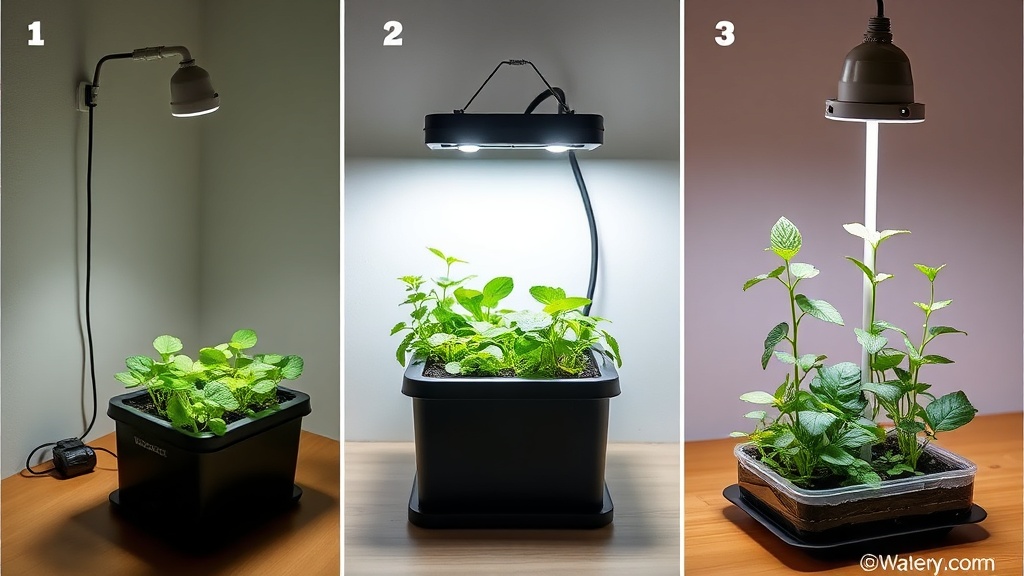Step-by-step visual of assembling a small indoor hydroponic system, installing grow lights, and planting seedlings in the growing medium.