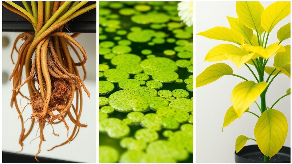 Examples of common hydroponic mistakes: root rot, algae growth, and yellowing leaves from nutrient imbalance.